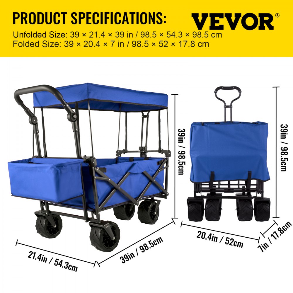 VV-CWC-BLUE - Large Collapsible Wagon with Canopy & All-Terrain Wheels