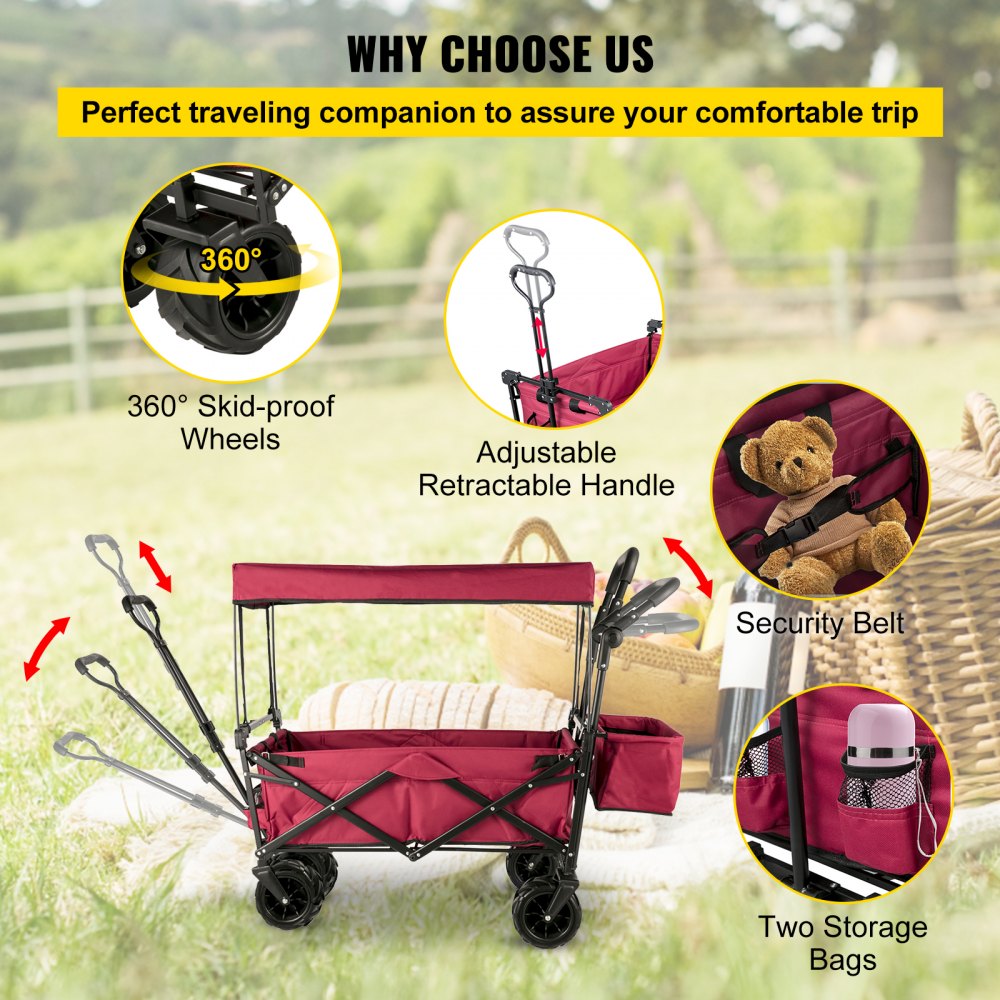 VV-CWC-RED - Folding 33.4" Collapsible Garden Wagon with Canopy