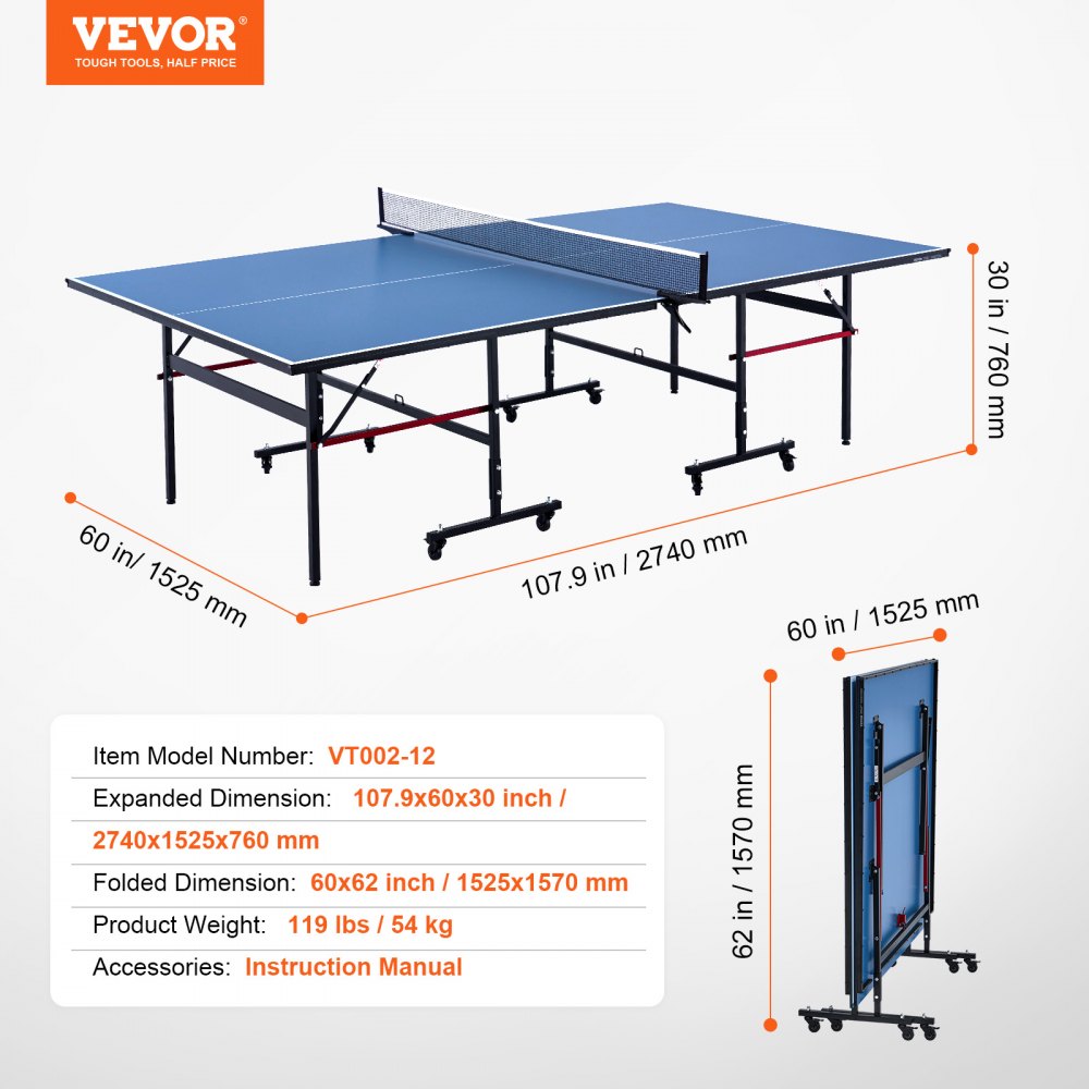 VT002-12 - 107.9" Foldable Ping Pong Table for Indoor Competition
