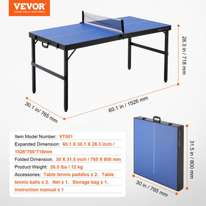 VT001 - 60" Folding Table Tennis Set for Family Fun