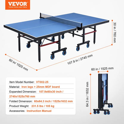 VT002-25 - Competition-Grade Ping Pong Table 107.9" with Lockable Casters