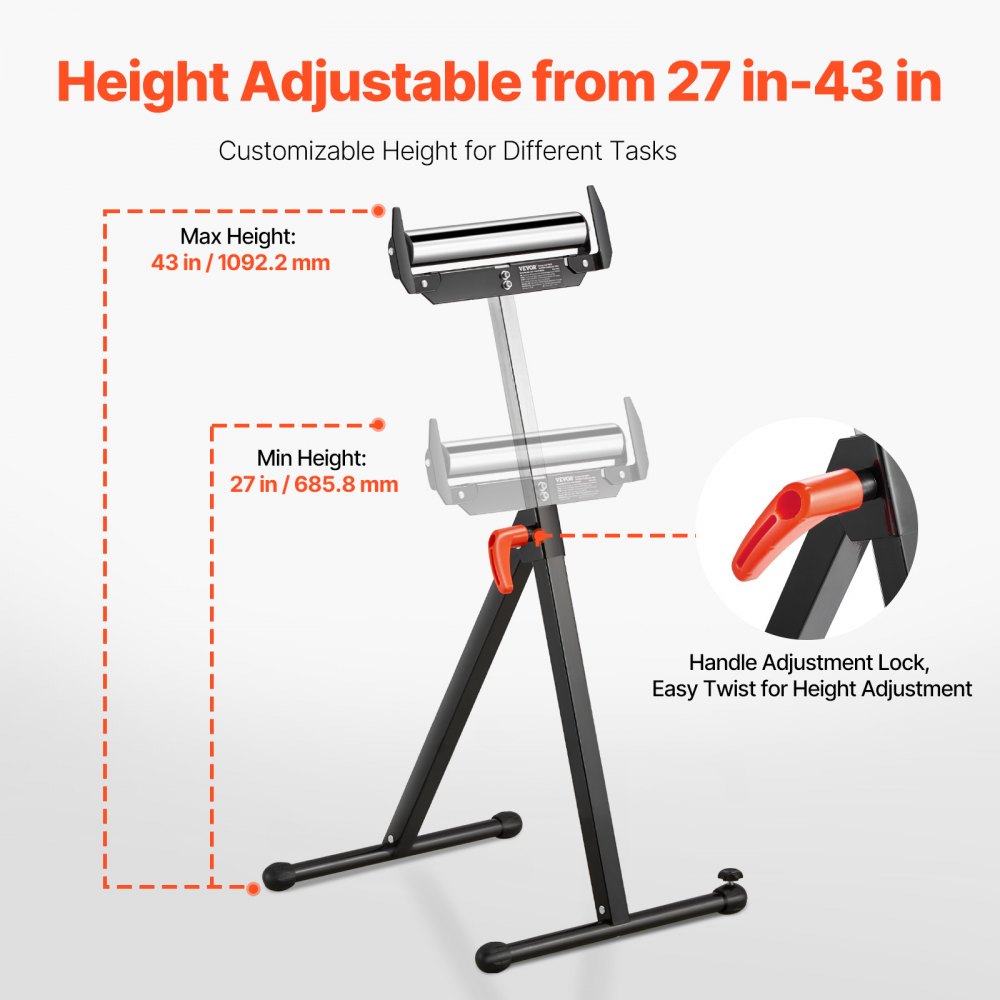 YH-RS004EI - Heavy-Duty Adjustable Roller Stand 27-43 in, 250 lb Capacity