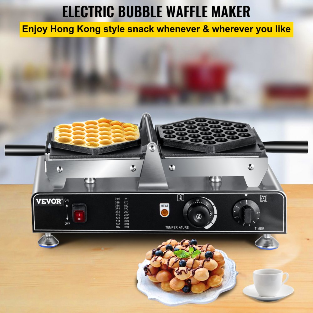 HT-1106 - 1500W Reversible Bubble Waffle Maker with Nonstick Plates