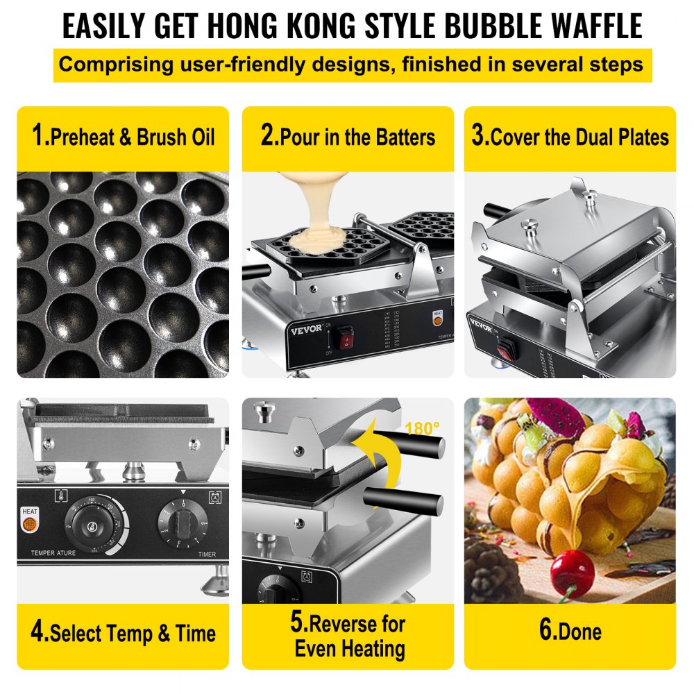 HT-1106 - 1500W Reversible Bubble Waffle Maker with Nonstick Plates