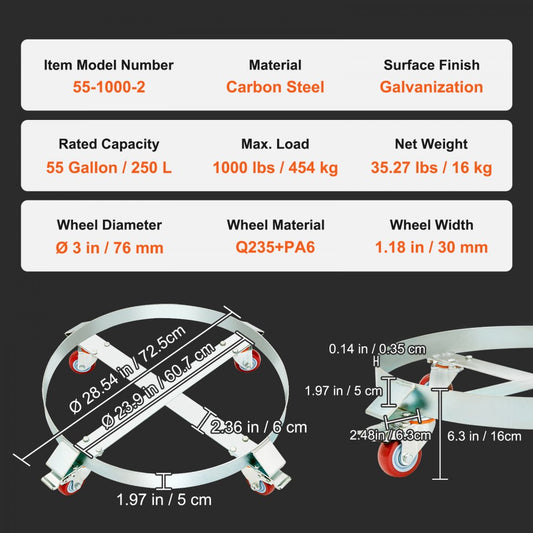 55-1000-2 - 55 Gallon Heavy Duty Drum Dolly, 1000 lbs Capacity