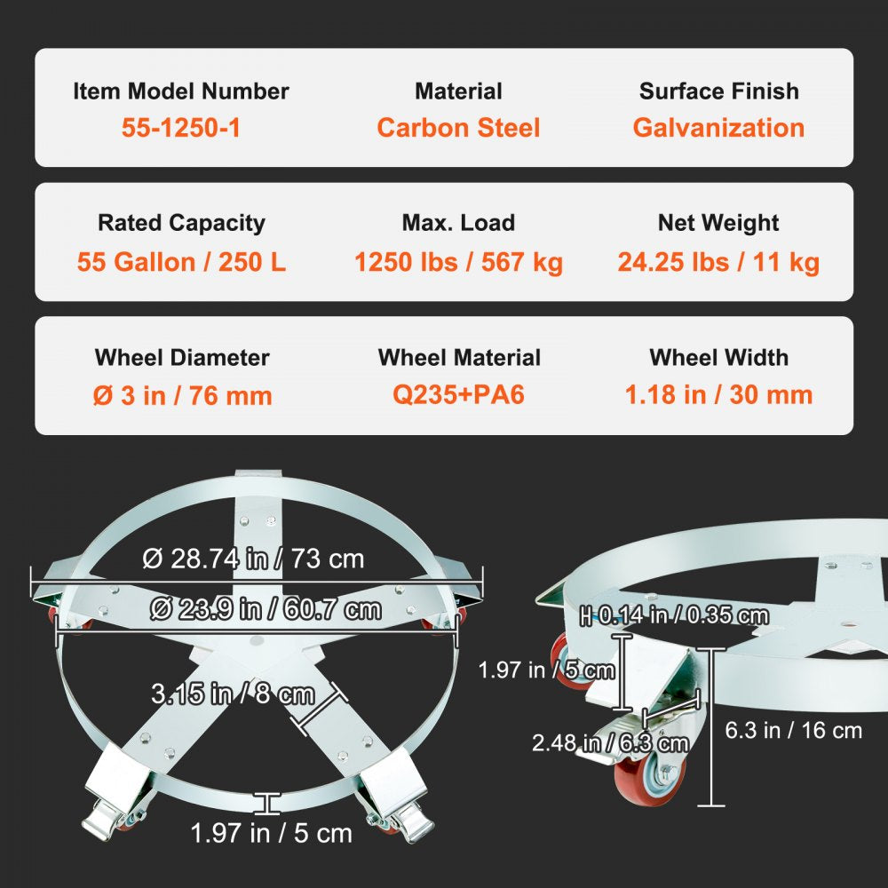 55-1250-1 - Heavy-Duty 55-Gallon Drum Dolly with 1250 lbs Capacity