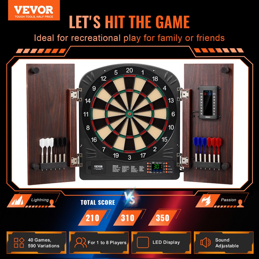 9176WD - 13.5" LED Dartboard Cabinet Set for 1-8 Players