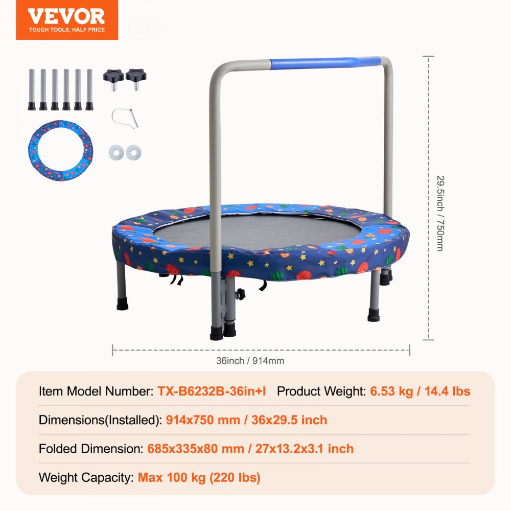 TX-B6232B-36in+I - 36" Durable Kids Trampoline, Indoor/Outdoor, Foldable Design
