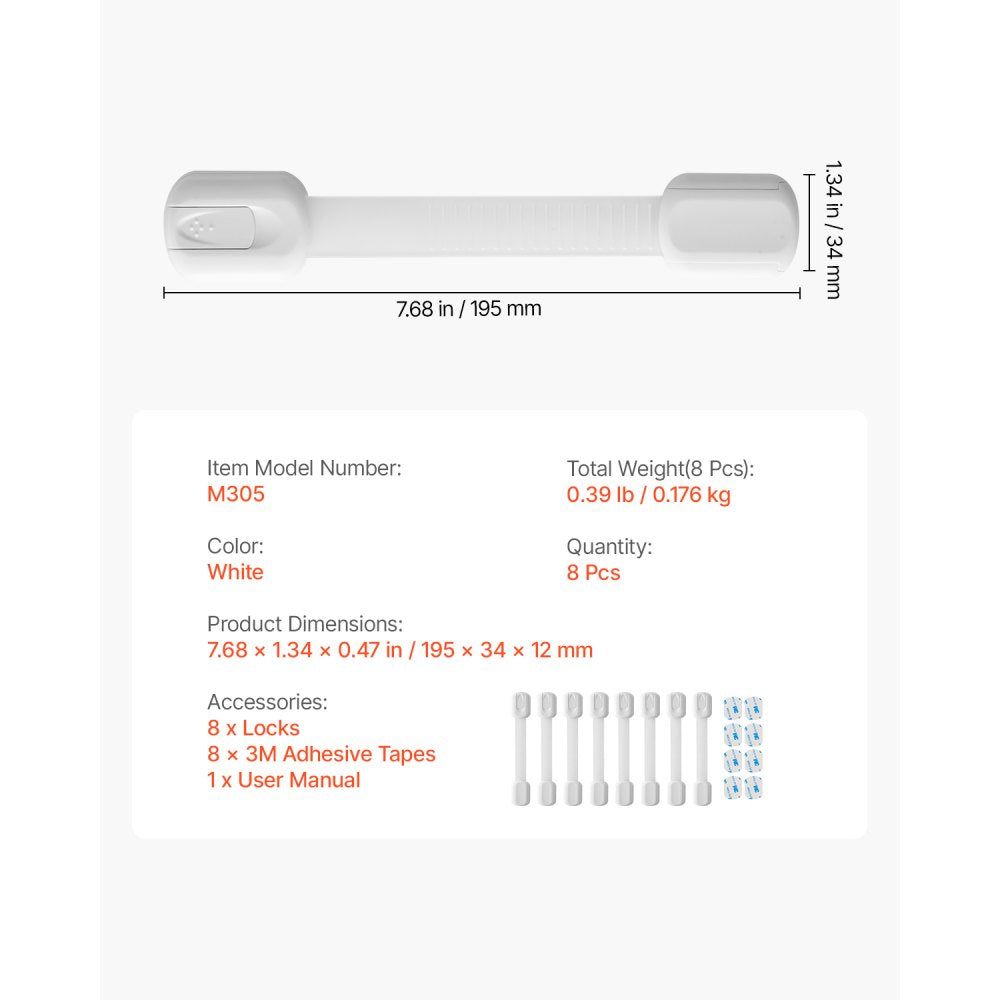 M305 - Durable Child Safety Strap Locks, Adjustable 7.68-8.07 Inches, 8 Pcs