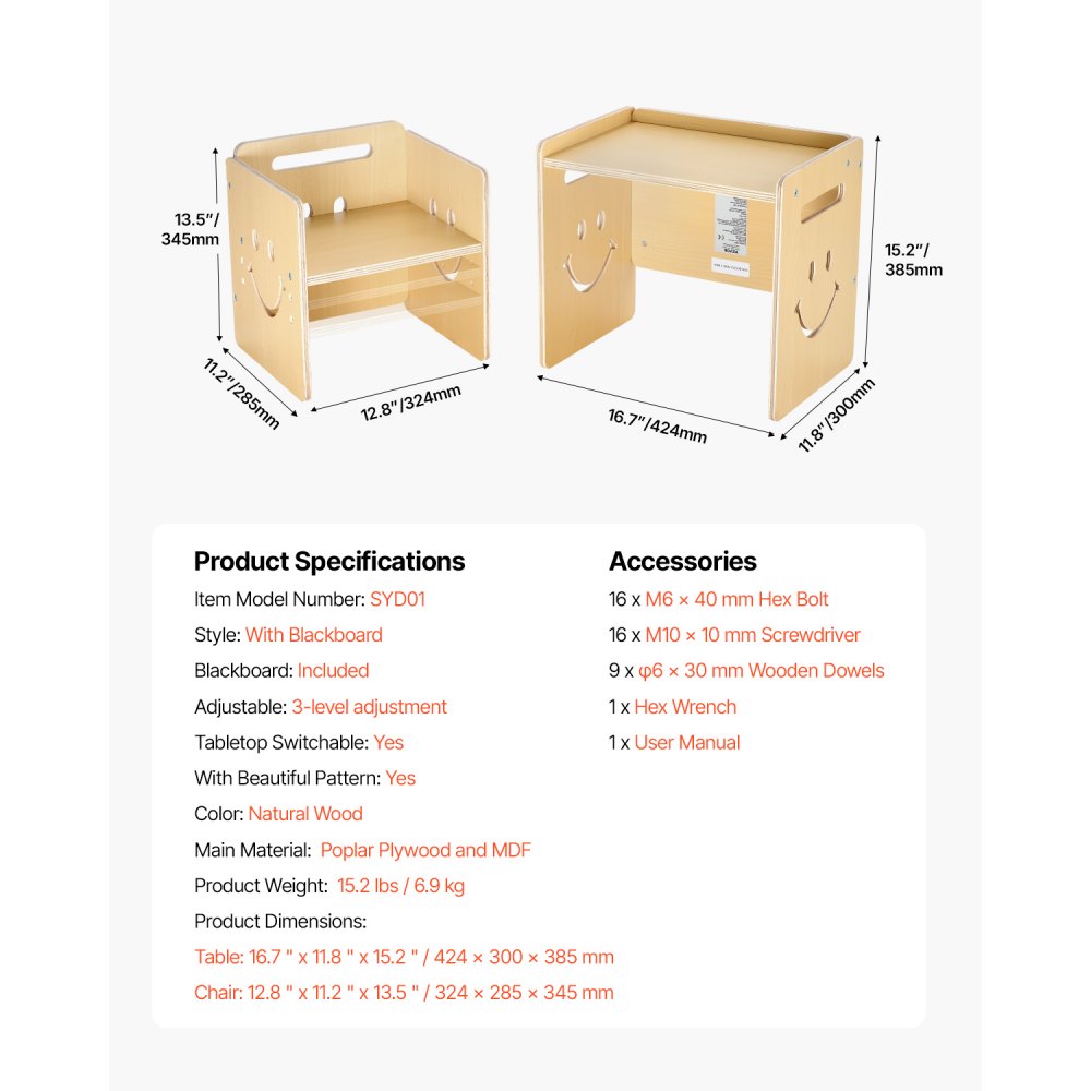 SYD01 - Adjustable Height Montessori Table and Chair Set with Chalkboard Surface