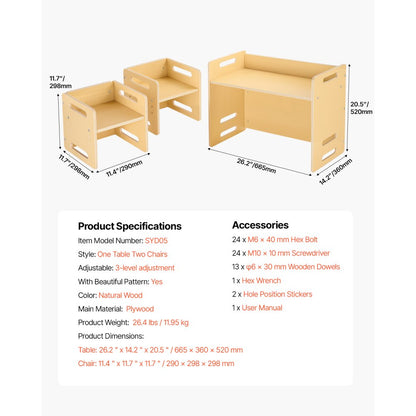 SYD05 - Montessori Table & Chair Set for Kids, 26.2"x14.2" Plywood