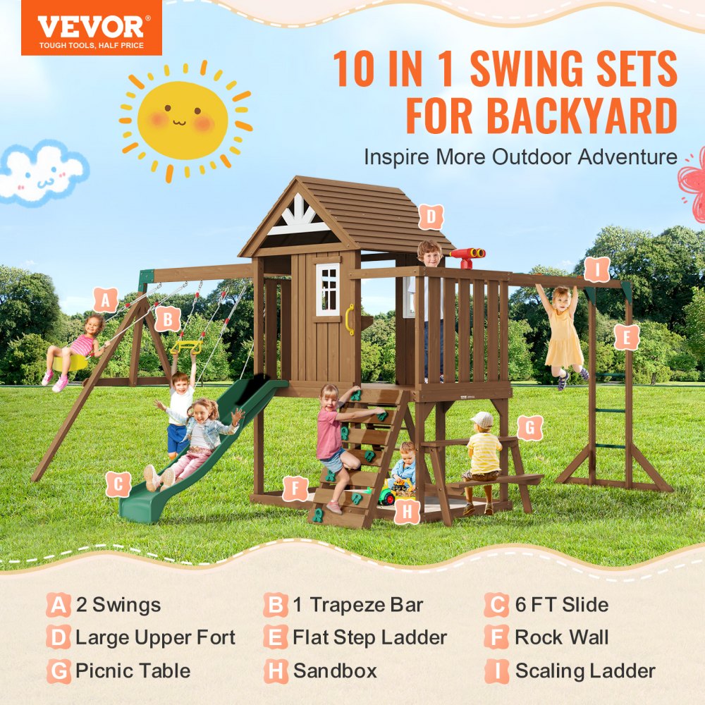 TLG92010 - Cedar 10-in-1 Swing Set with 6ft Slide & Sandbox