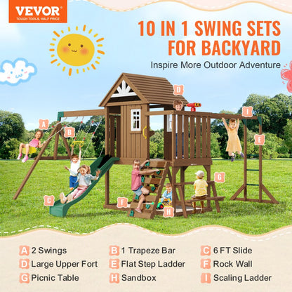 TLG92010 - Cedar 10-in-1 Swing Set with 6ft Slide & Sandbox