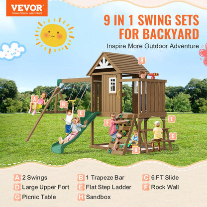 TLG92009 - Durable Cedar 9-in-1 Kids Swing Set with Slide and Kitchen Fort