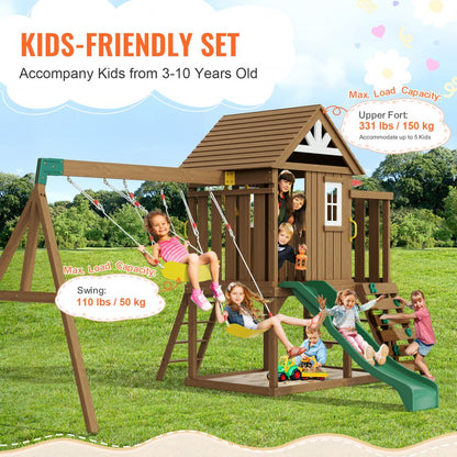 TLG92009 - Durable Cedar 9-in-1 Kids Swing Set with Slide and Kitchen Fort