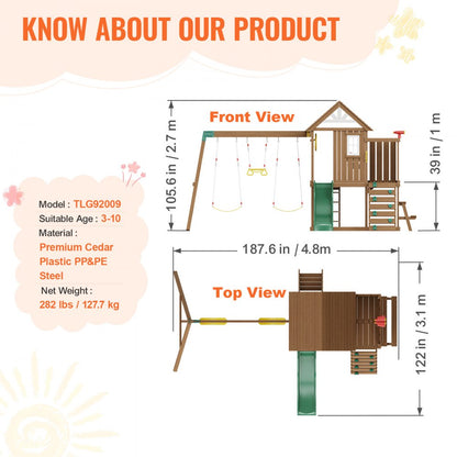 TLG92009 - Durable Cedar 9-in-1 Kids Swing Set with Slide and Kitchen Fort