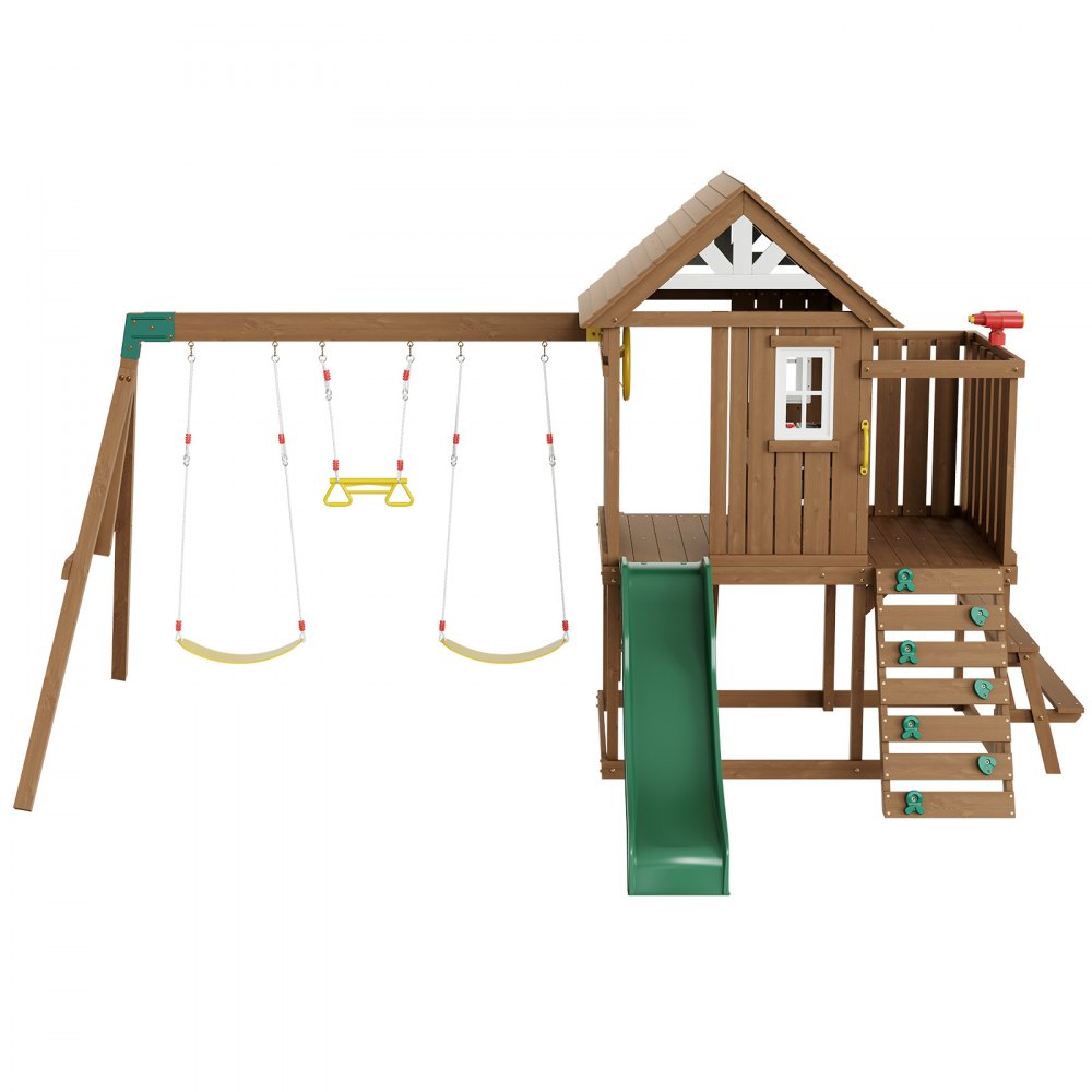 TLG92009 - Durable Cedar 9-in-1 Kids Swing Set with Slide and Kitchen Fort