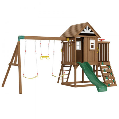 TLG92009 - Durable Cedar 9-in-1 Kids Swing Set with Slide and Kitchen Fort