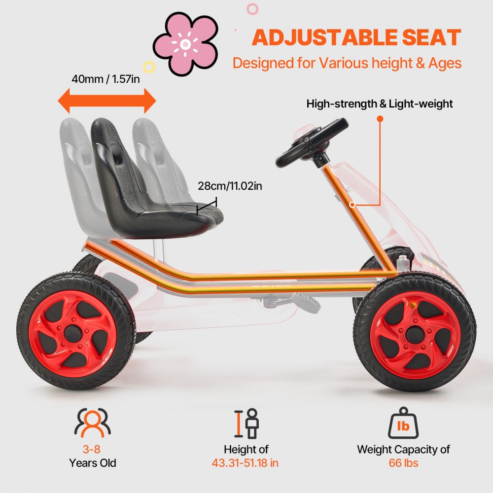 E01-1 - Adjustable Seat 4-Wheel Go Kart for Kids 3-8 Years