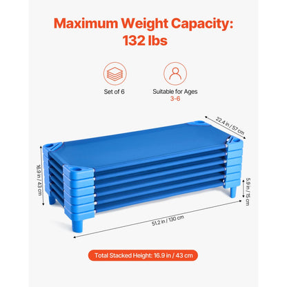 QL-106-3 - Set of 6 Stackable Kiddie Cots for Toddlers, 51.2" x 22.4"