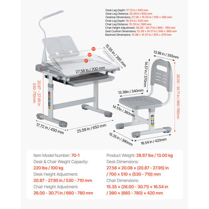 70-1 - Ergonomic Children's Desk Chair Set with Adjustable Height & LED Lamp