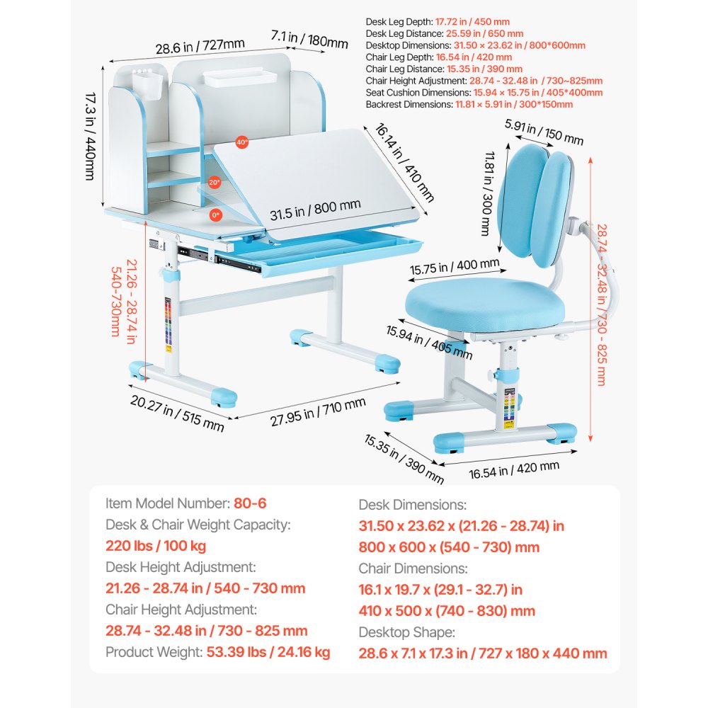 80-6 - Ergonomic Kids Desk & Chair Set with Adjustable Height and Storage