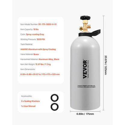 RY-175-3000-H-01 - 10 lbs Aluminum CO2 Tank with CGA320 Valve, DOT Approved