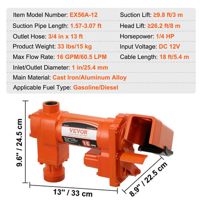 EX56A-12 - 16 GPM 12V Fuel Transfer Pump for Quick Refueling