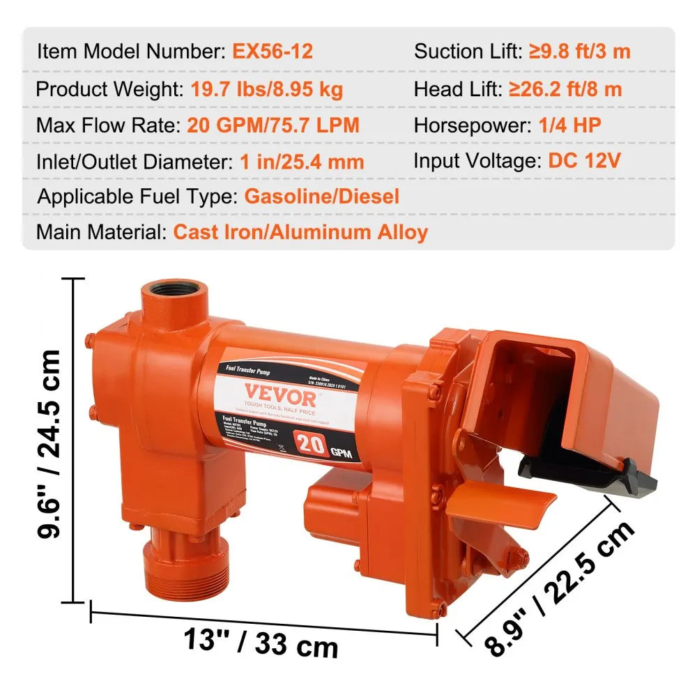 EX56-12 - 12V DC Fuel Transfer Pump, 20 GPM, Aluminum Casing