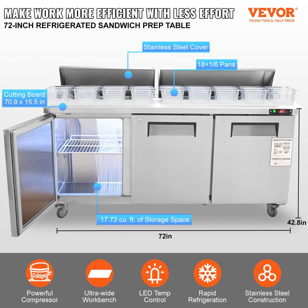 KSR-72B - 72" Stainless Steel Triple-Door Prep Table with 17.73 Cu. Ft. Capacity