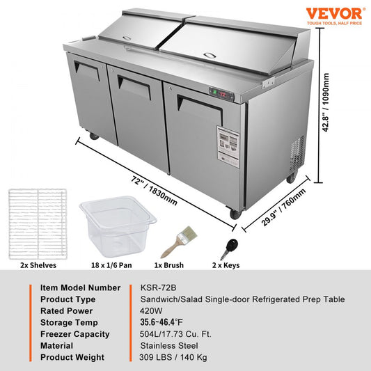 KSR-72B - 72" Stainless Steel Triple-Door Prep Table with 17.73 Cu. Ft. Capacity