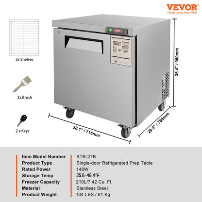 KTR-27B - 7.4 Cu. Ft Stainless Steel Undercounter Refrigerator with Worktop