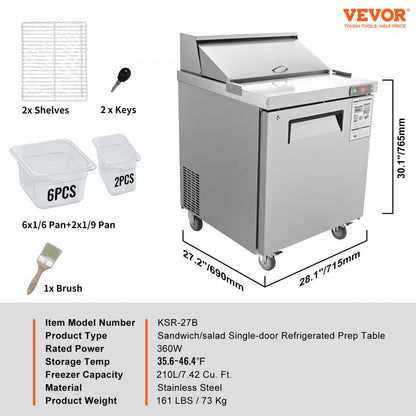 KSR-27B - 28” Stainless Steel Sandwich Prep Table with 12.85 cu. ft. Capacity