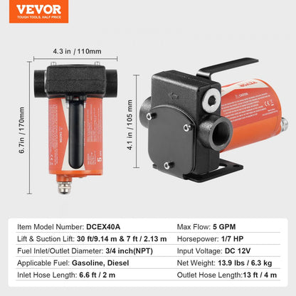 DCEX40A - 5 GPM Portable Diesel Pump with 30ft Lift & Auto Nozzle