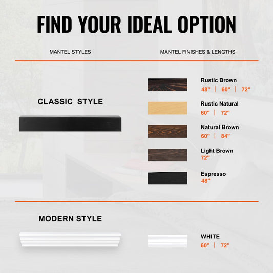 DC48-8-5 - Rustic 48" White Pine Floating Fireplace Mantel Shelf