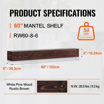 RW60-8-6 - Rustic 60" Pine Floating Mantel Shelf for Home Décor