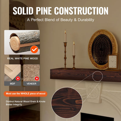 RW60-8-6 - Rustic 60" Pine Floating Mantel Shelf for Home Décor