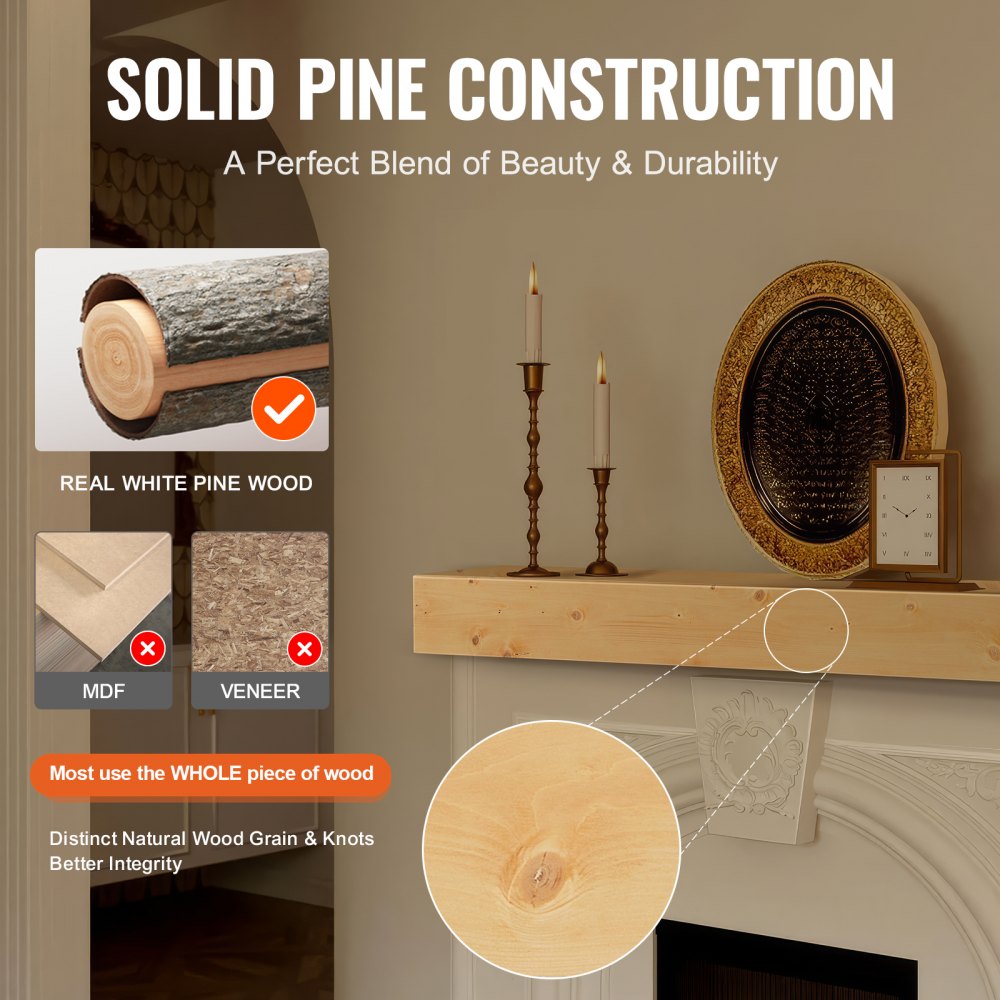 RB60-8-6 - 60" Rustic White Pine Floating Mantel Shelf for Decor