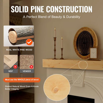 RB60-8-6 - 60" Rustic White Pine Floating Mantel Shelf for Decor