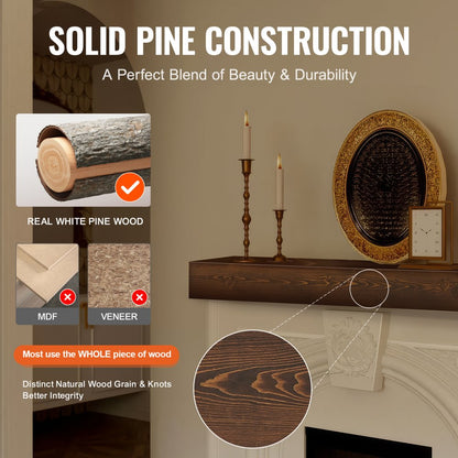 NB60-8-5 - 60" Rustic White Pine Floating Mantel Shelf for Home Decor