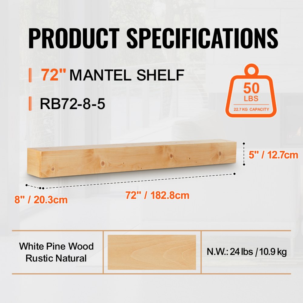 RB72-8-5 - 72" Rustic White Pine Floating Mantel Shelf for Decor