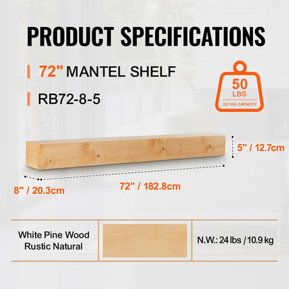 RB72-8-5 - 72" Rustic White Pine Floating Mantel Shelf for Decor