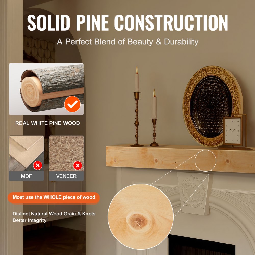 RB72-8-5 - 72" Rustic White Pine Floating Mantel Shelf for Decor