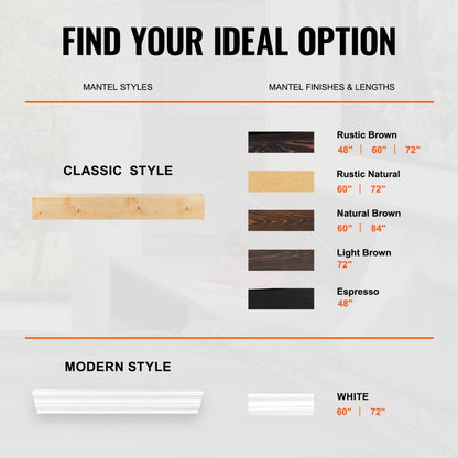 RB72-8-5 - 72" Rustic White Pine Floating Mantel Shelf for Decor