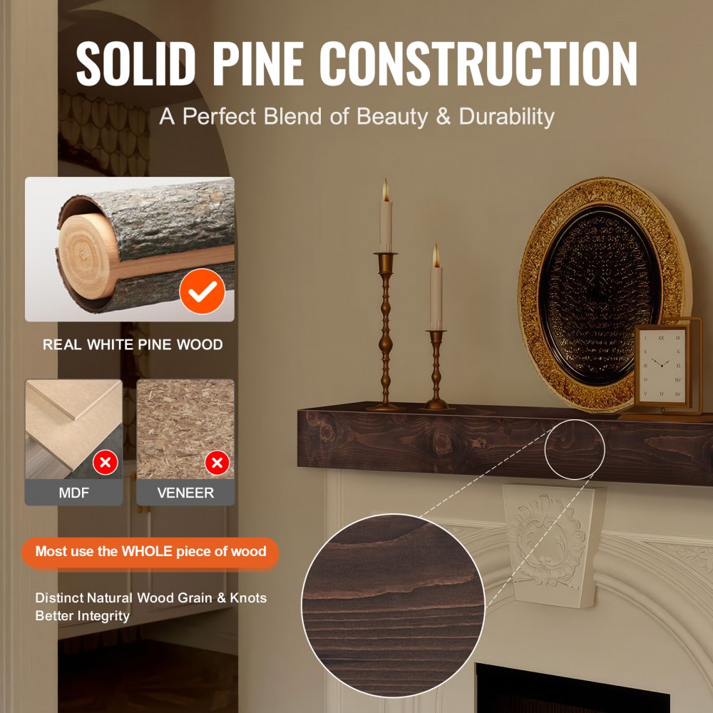 LB72-8-5 - 72" Rustic White Pine Floating Mantel Shelf for Home Décor