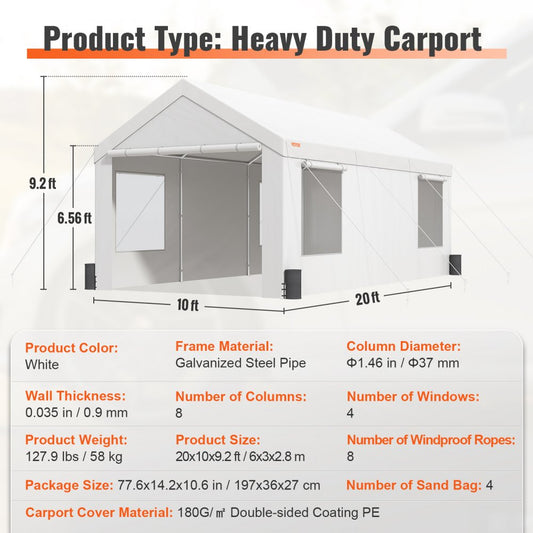 010791127527 - 10x20ft Heavy Duty Carport with UV Resistant Canopy