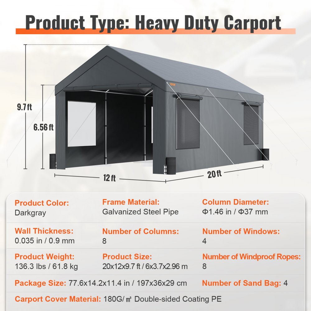 010509782894 - Heavy-Duty 12x20ft Carport with UV-Resistant Canopy and Ventilation