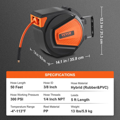 NWA-D15 - 50FT Air Hose Reel with Auto Rewind & 300PSI Capacity