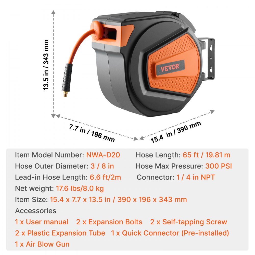 NWA-D20 - 65ft Hybrid Enclosed Air Hose Reel with Auto-Rewind System