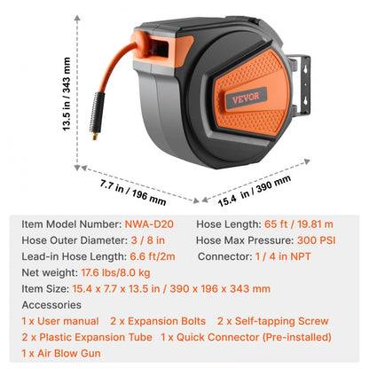 NWA-D20 - 65ft Hybrid Enclosed Air Hose Reel with Auto-Rewind System